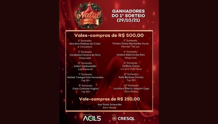 Laranjeiras - Acils realizou ontem (29) o 1º sorteio da Promoção Natal premiado 2021. Confira os ganhadores 